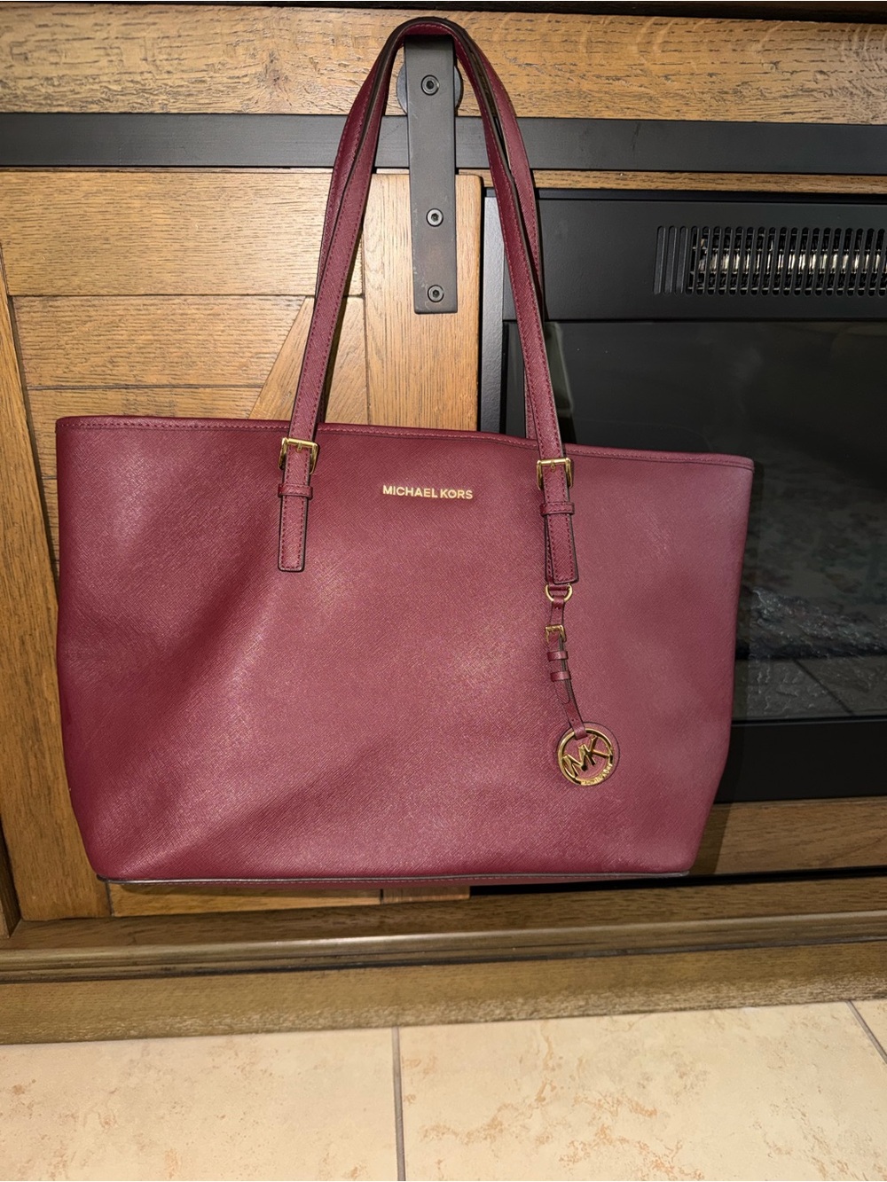 Michael Kors Wine Leather Tote with Gold Logo Charm